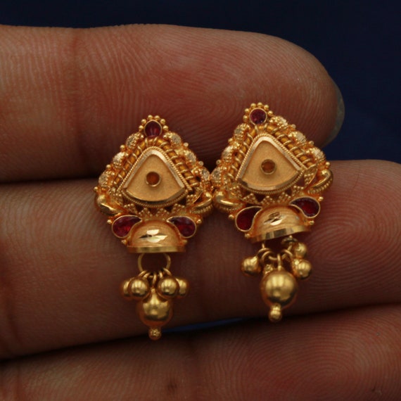 Bell 22k Yellow Gold Stud Earrings Handmade Yellow Gold Earrings
