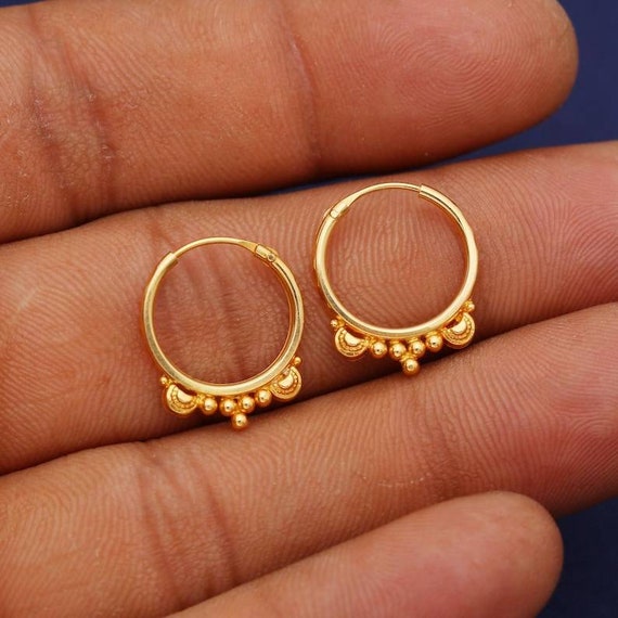 22k Yellow Gold Hoop Earring Bali Earrings huggies Hanging 