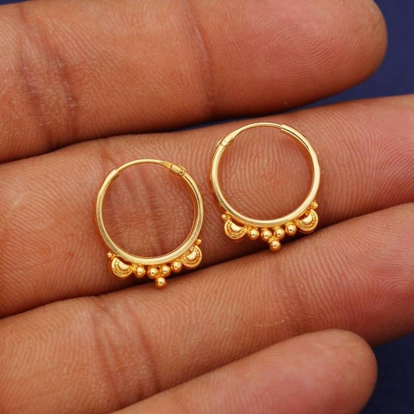 Pure 20k Yellow Gold Hoop Bali Earrings ,Huggies , Beads Handmade gold earrings for women, Christmas gift, dainty Indian gold earrings