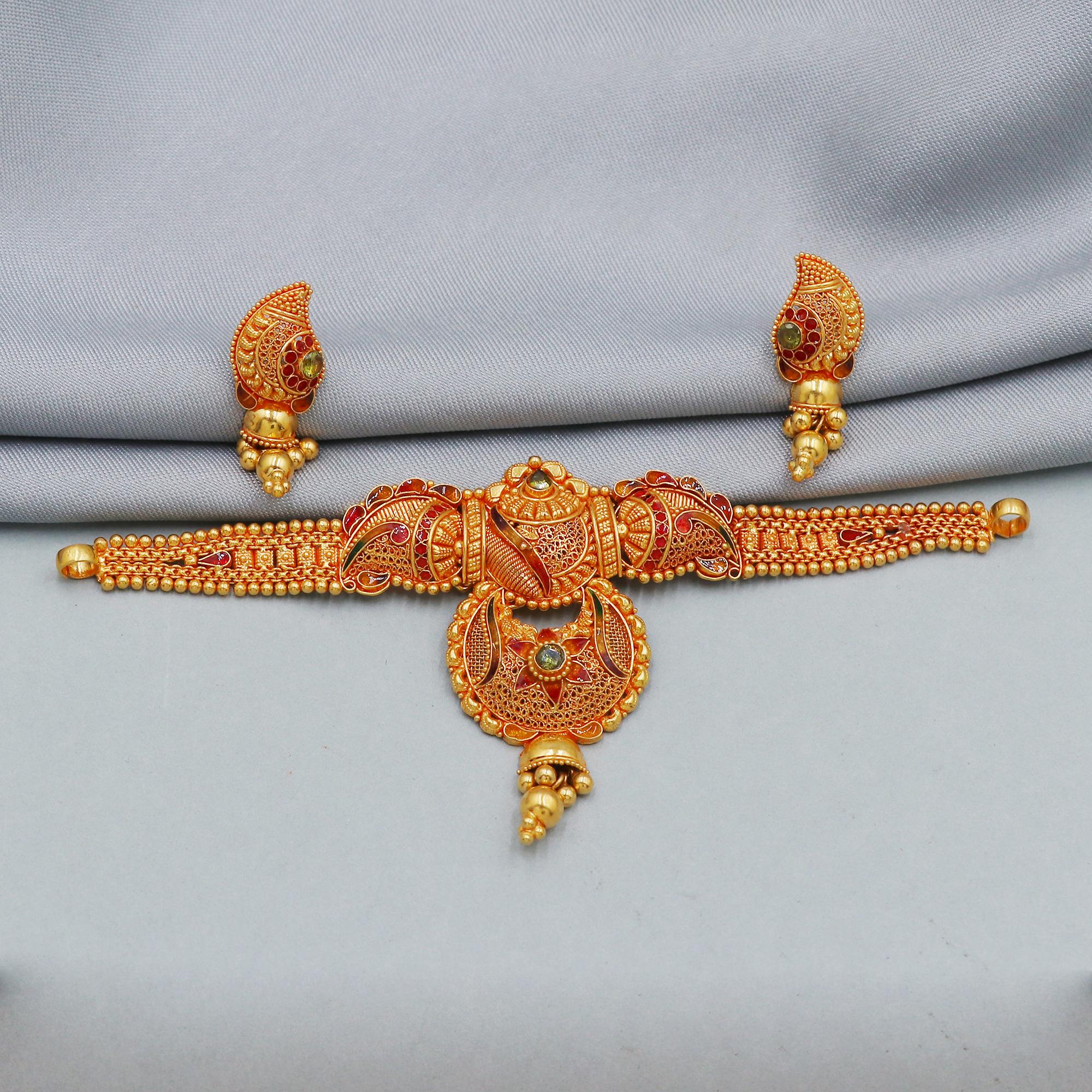 Buy 22k Yellow Gold 18k Gold Choker Necklace Earrings Set, Indian