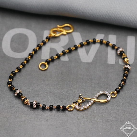 Black Beads 22k Gold Link Bracelet 7 Inches Indian Handmade Women