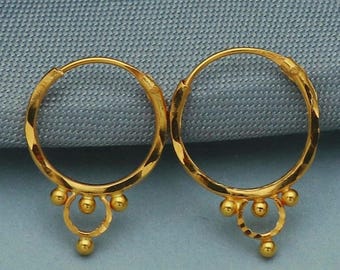 Pure 20k Yellow Gold Hoop Bali Earrings, Huggies, Beads Handmade gold earrings for women, Christmas gift, dainty small Indian gold earrings