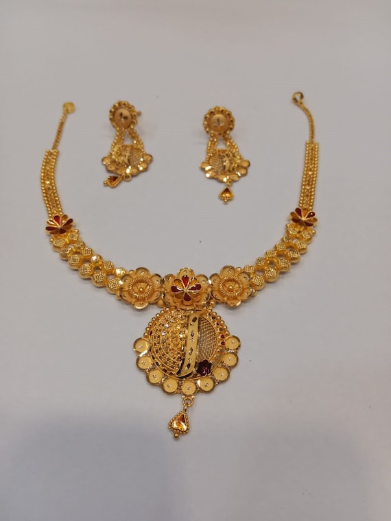 22k Yellow Gold Necklace Set, Indian Gold Set, Indian Gold Jewelry, Gold  Earring Necklace, Traditional Rajasthani Pure Gold Handmade design