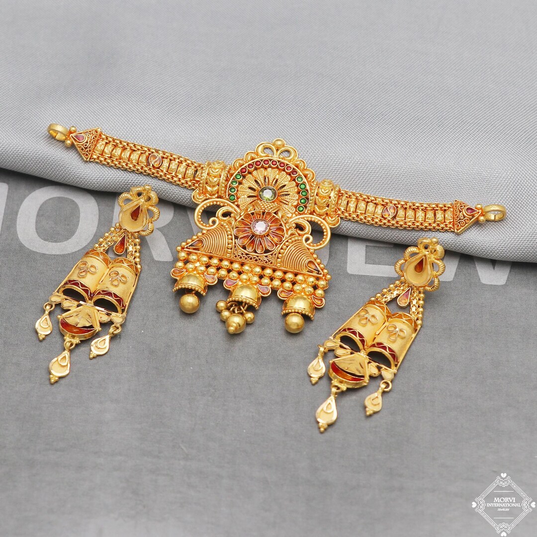 Pure 22k Yellow Gold Choker Necklace Earrings Set, K5261