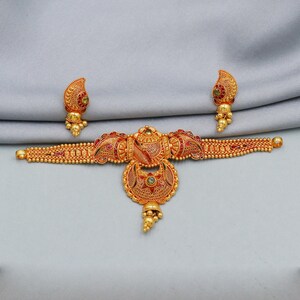 Conjunto de gargantilla de oro macizo de 22k, conjunto de gargantilla y pendientes de filigrana Meenakari hechos a mano, joyería de boda india, regalo elegante para ella.