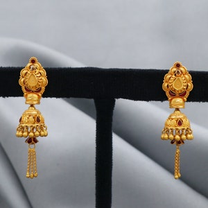 22k Gold dangle Earrings jhumki chandelier , Genuine 22kt Gold Earrings,  Handmade Gold Earrings , Indian Handmade Earrings for Gift