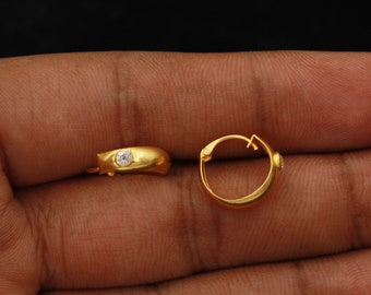 Zircon 20k Yellow Gold Hoop Bali Earrings, Huggies , Handmade Yellow gold earrings for women, Christmas gift, dainty Indian gold earrings
