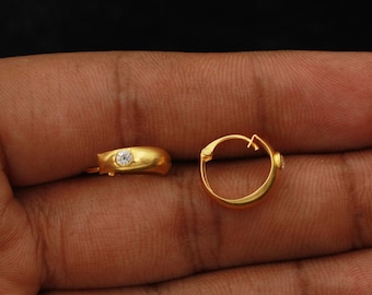 Zircon 22k Yellow Gold Hoop Bali Earrings ,Huggies , Handmade Yellow gold earrings for women, Christmas gift, dainty Indian gold earrings