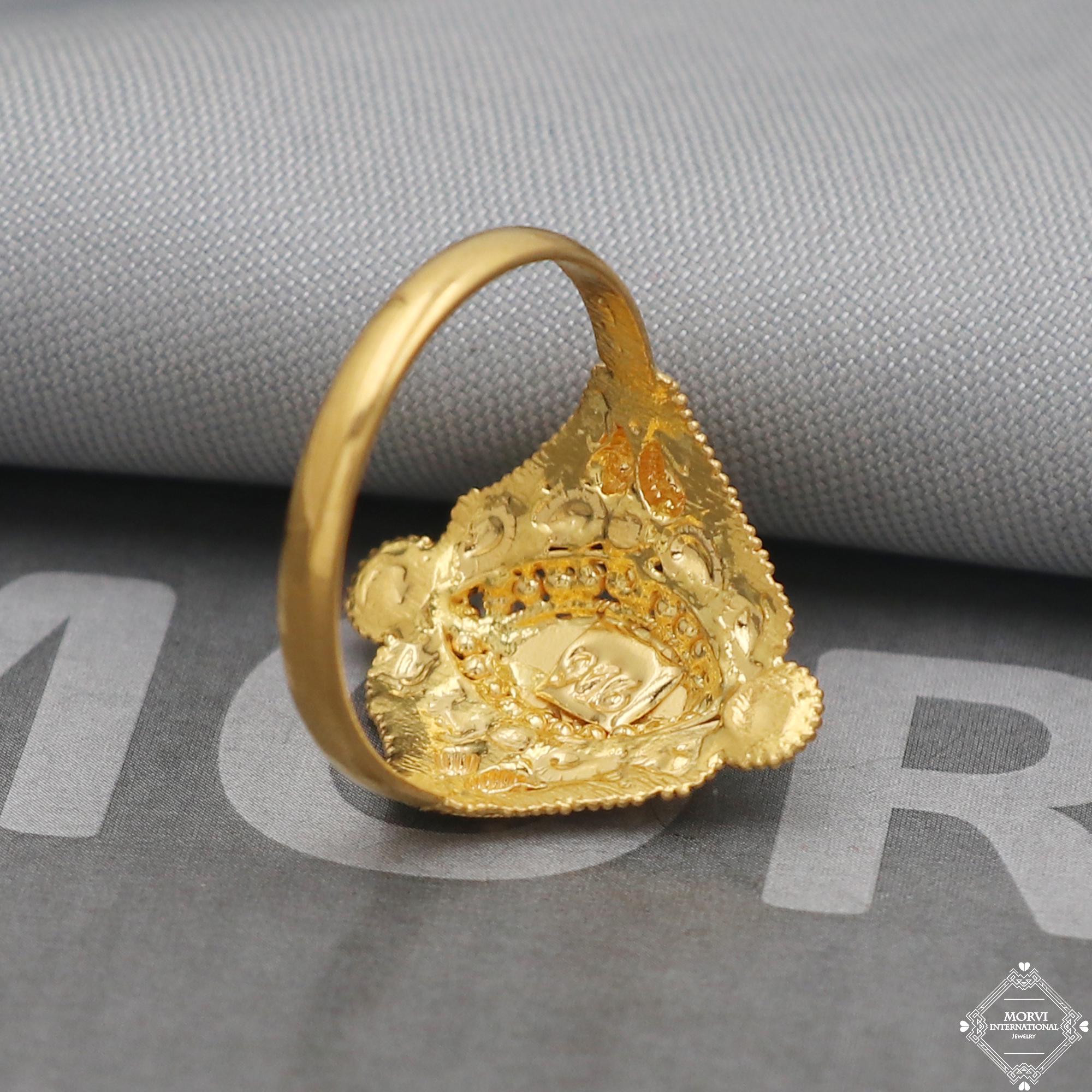 22k Solid Gold Red Meenakari Ring, Traditional Rhombus Statement