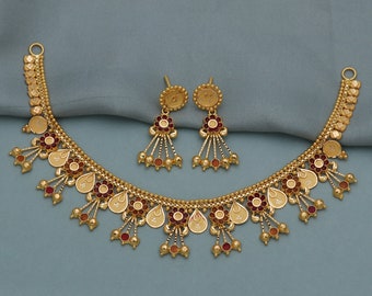 Juego de collar y pendientes de oro amarillo de 22 k para regalo, collar de boda hecho a mano en oro indio de 22 k y 22 quilates, joyería india para regalo.