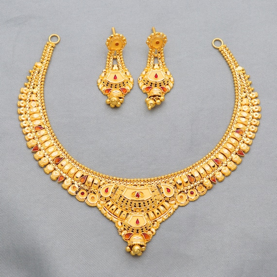22k Yellow Gold Necklace Set Indian Gold Set Indian Gold Jewelry