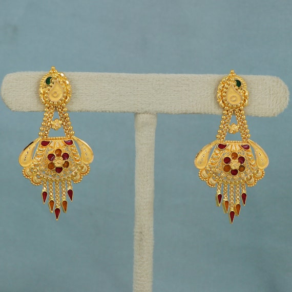 22k Pure Gold Earrings Indian Asian Gold Dangle Earrings for Wedding Handmade Jewelry for Women Gift Etsy