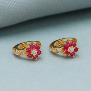 Very Small Pure 20k Yellow Gold Hoop Bali cartilage Earrings, Handmade gold earrings for women, indian gold earrings, pink stone earrings