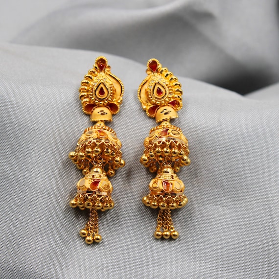 22k Yellow Gold Jhumka Earrings , Handmade Vintage Pure