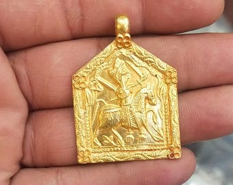 22金無垢の戦士神馬ペンダント、伝統的なインドの宗教寺院のお守りメダリオンファインジュエリー