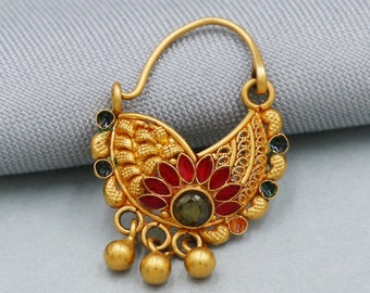 22k gold nose ring with small dangling beads Indian Enamel Jewelry for Women