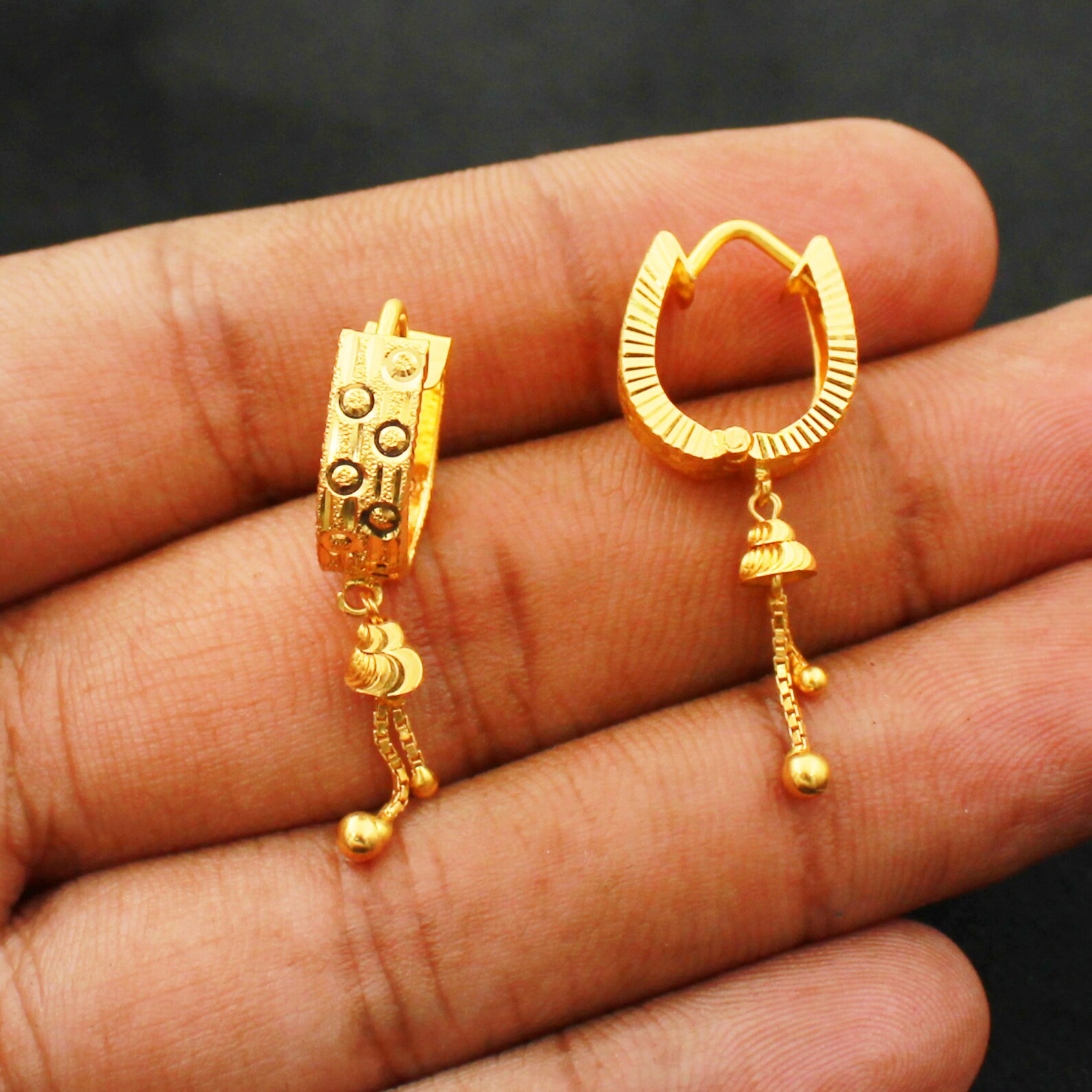 22k Yellow Gold Hoop Bali Earrings huggies Hanging Beads Etsy