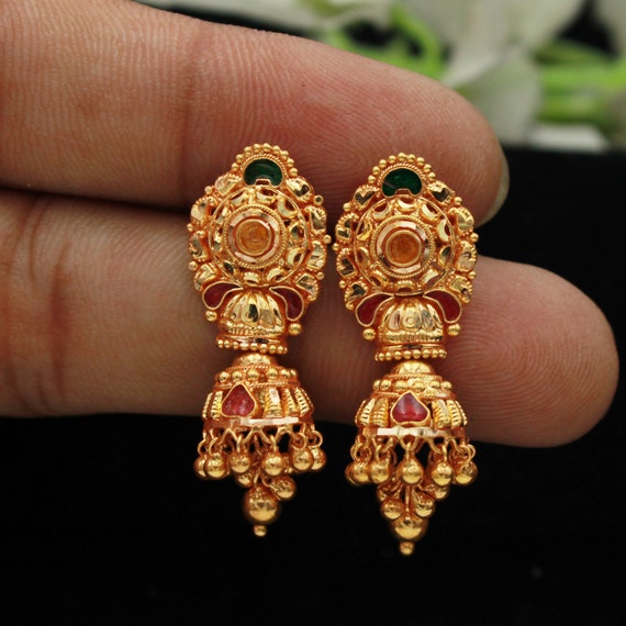 22K Gold Plated 2 Steps Jhumka Earrings Indian Pakistani wedding party Set.  | eBay