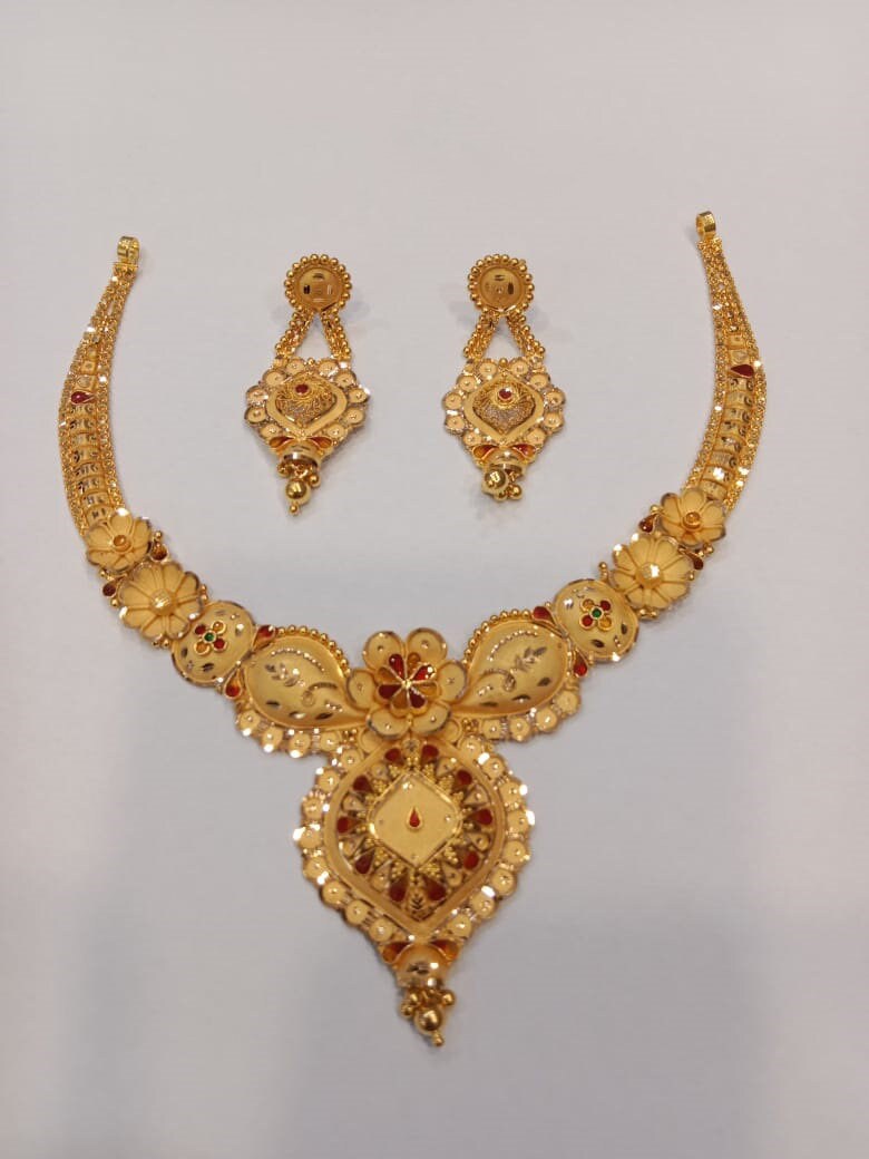 22k Yellow Gold Necklace Set Indian Gold Set Indian Gold Jewelry Gold Earring Necklace Traditional Rajasthani Pure Gold Handmade design