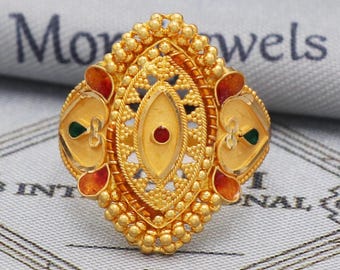 22k Gold Enamel Meena Ring, 22kt Solid Gold Ring,