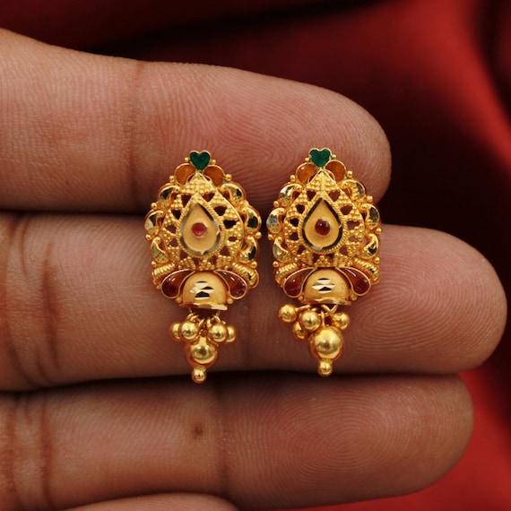 22k Gold Stud Earrings With Dangling Handmade Yellow Gold 