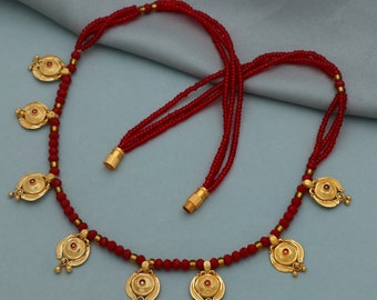 22k gold mala mangalsutra necklace with small amulet and red beads, Indian Wife Jewelry gift, 22k gold pendant