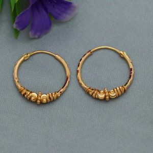 Pure 22k Yellow Gold Hoop Bali Earrings ,Huggies , Spiral Bead Handmade gold earrings for women, Christmas gift, dainty Indian gold earrings