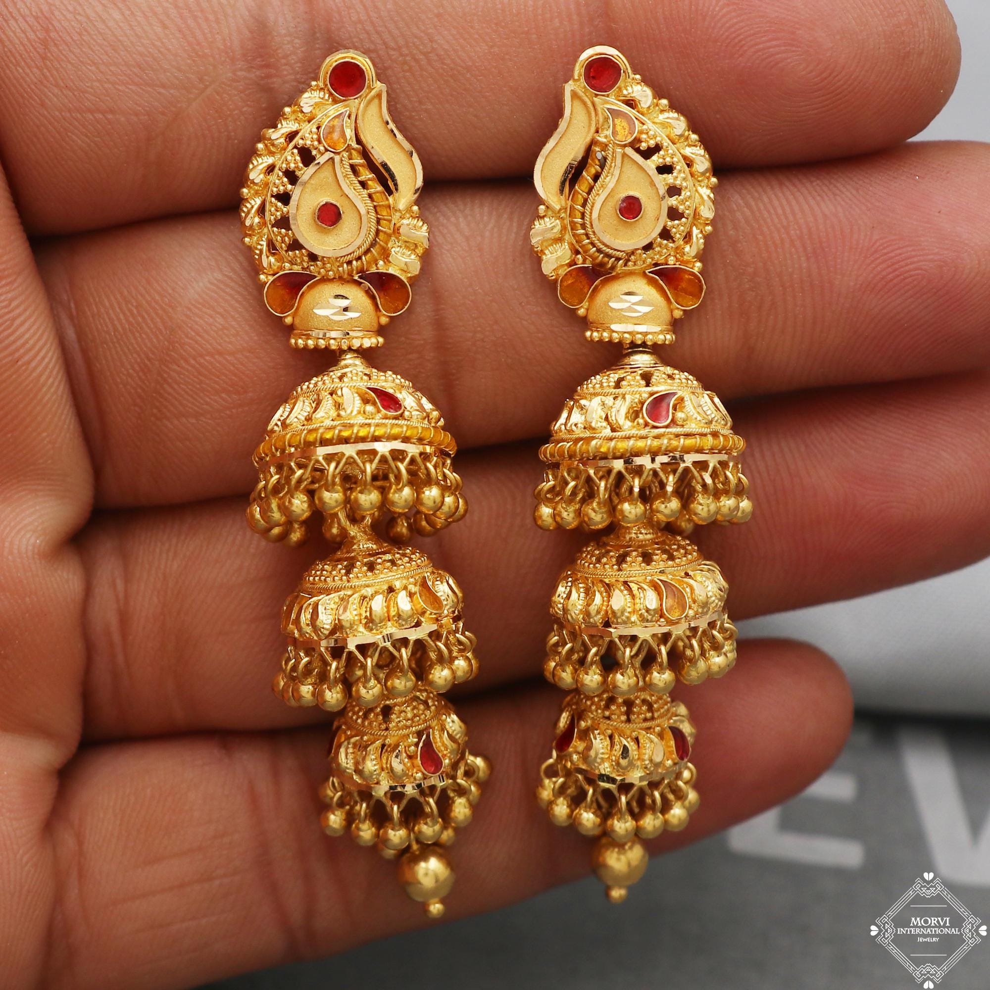 morvijewels 22K Yellow Gold Earrings Jhumka Jewelry Handmade Vintage Pure Traditional Wedding Indian Style Dangle Jhumki Earrings Chandelier K5242