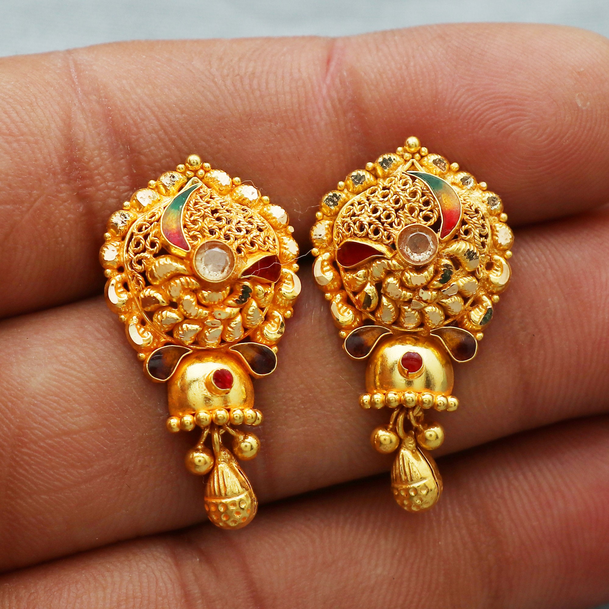 22k Gold Earrings Rajasthani Yellow Gold Meena Earrings For Women