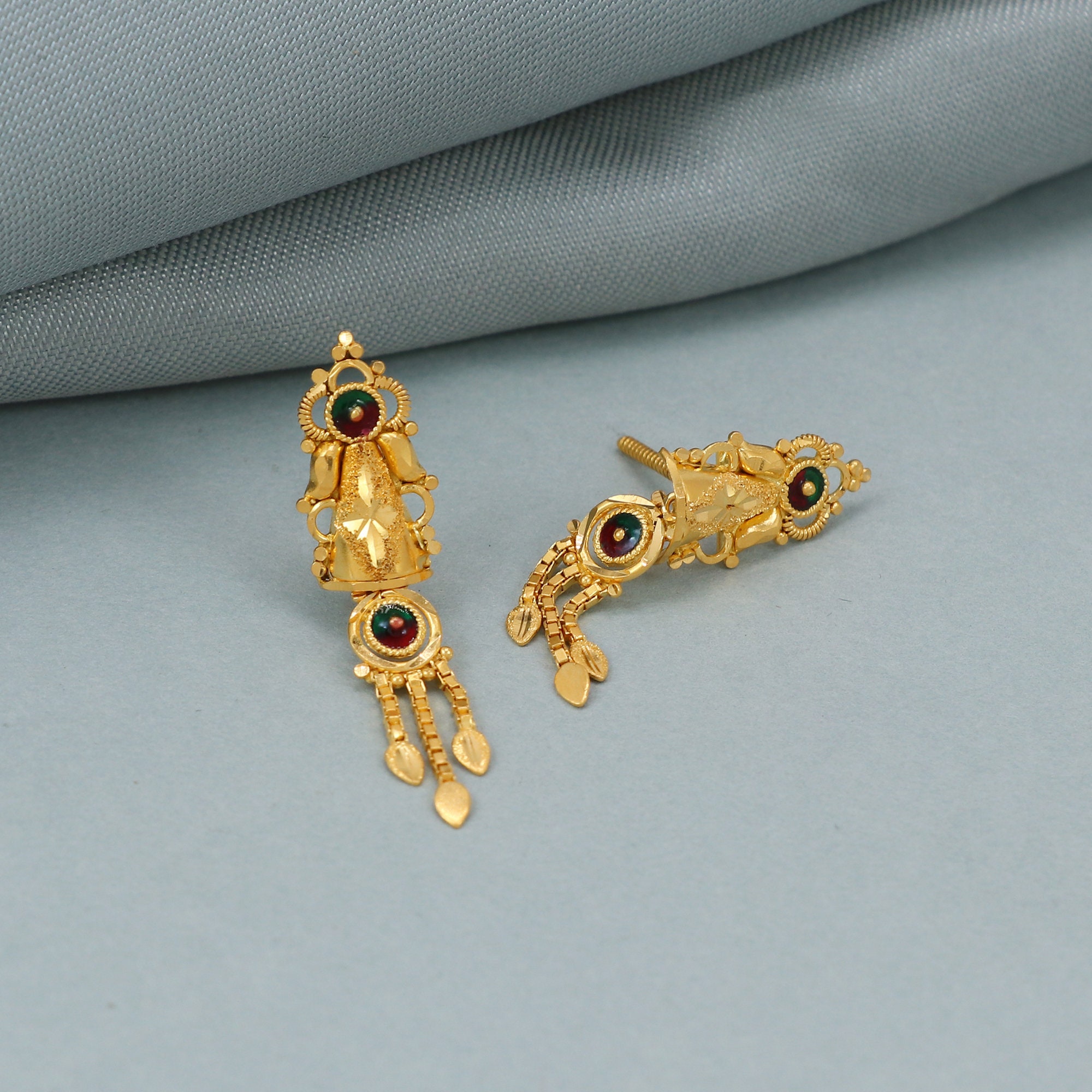 morvijewels Pure 22K Yellow Gold Earrings Stud Dangle Women Indian Handmade Jewelry