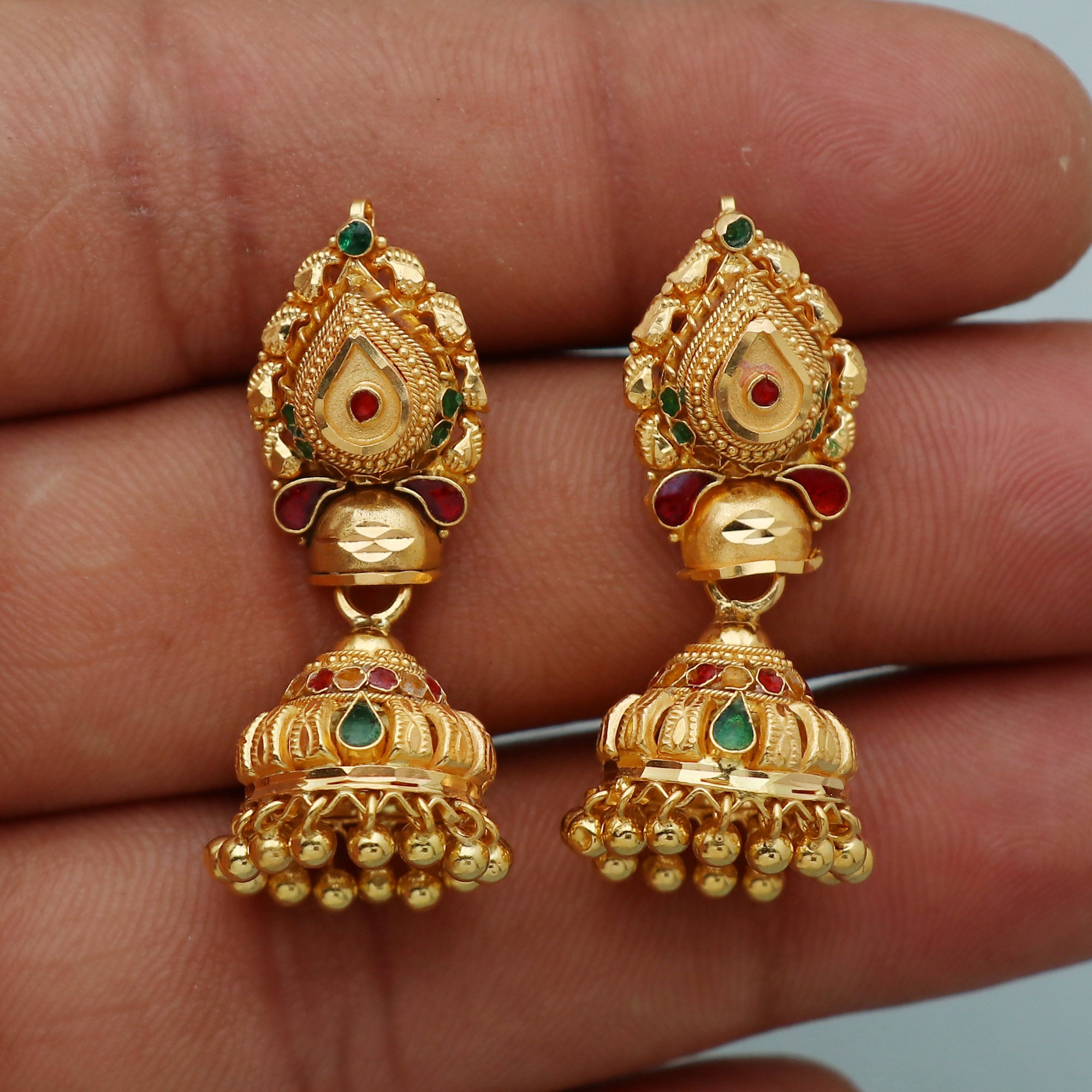 22K Gold 'Antique' Drop Earrings with Fancy Stones - 235-GER11056 in 11.250  Grams
