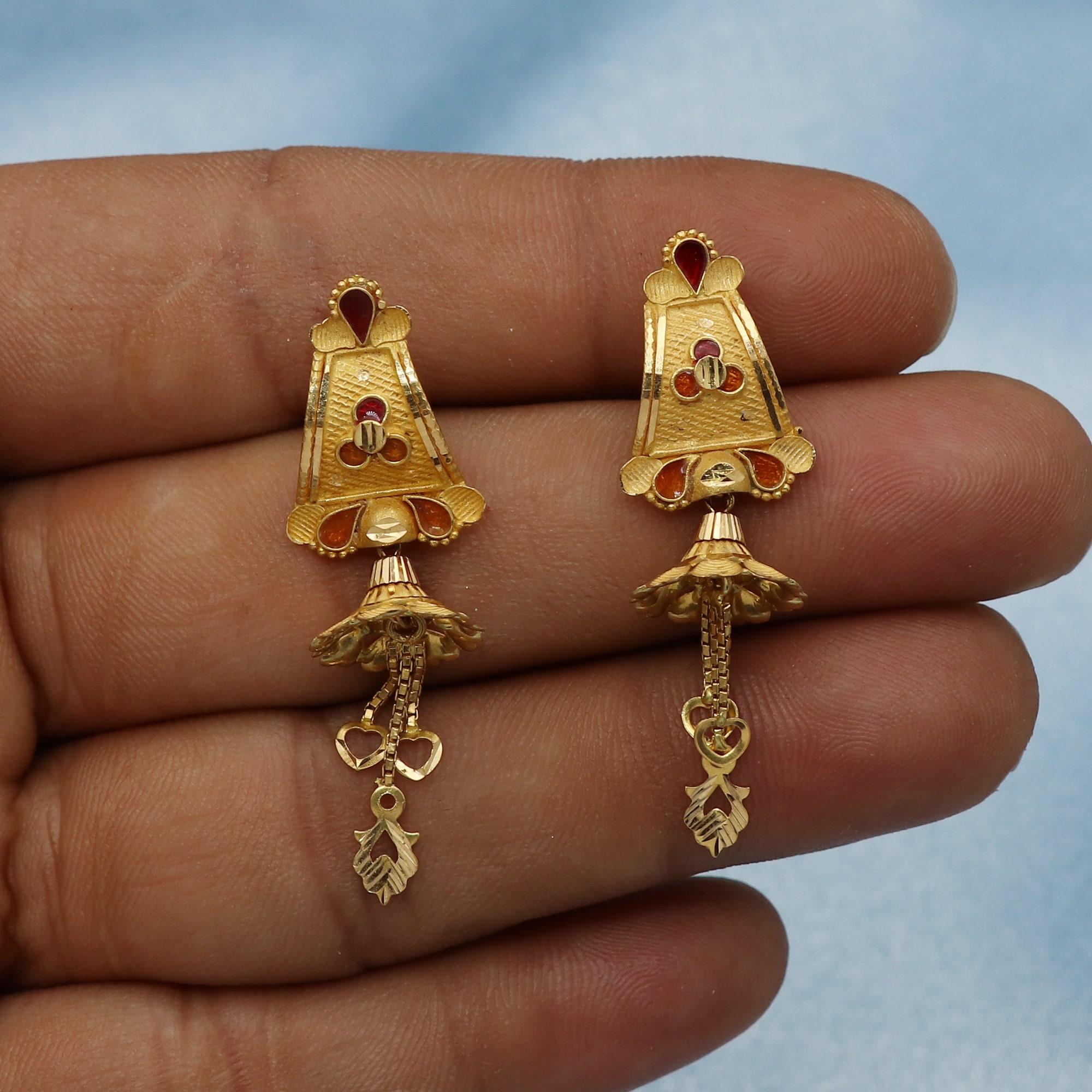 22k Yellow Gold Beaded Patterned Jhumka Earrings - ER-1403