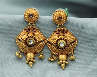 22k Yellow Gold Dangle Earrings Indian Jewelry with beads , Vintage Tribal Traditional handmade jewelry  Made In India