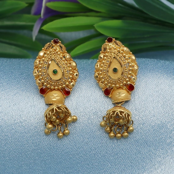 22k Solid Gold Earrings Jhumka Handmade Yellow Gold Earrings for