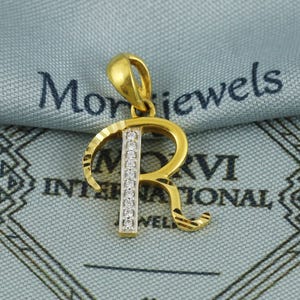 Letra do alfabeto R "R" em pingente de ouro amarelo 22k puro, joias de ouro amarelo feitas à mão, feitas à mão sob medida, MJ0116