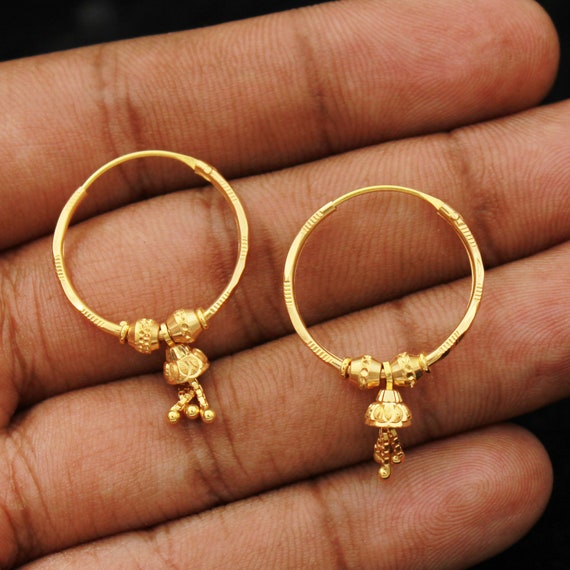 22k Yellow Gold Hoop Earring Bali Earrings huggies Hanging 