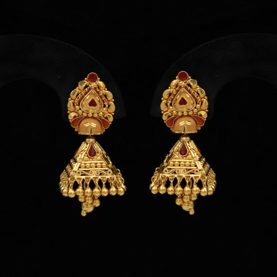 22k Yellow Gold Earrings Jewelry handmade vintage Pure Traditional design indian style Dangle Jhumki Earrings Chandelier dangling
