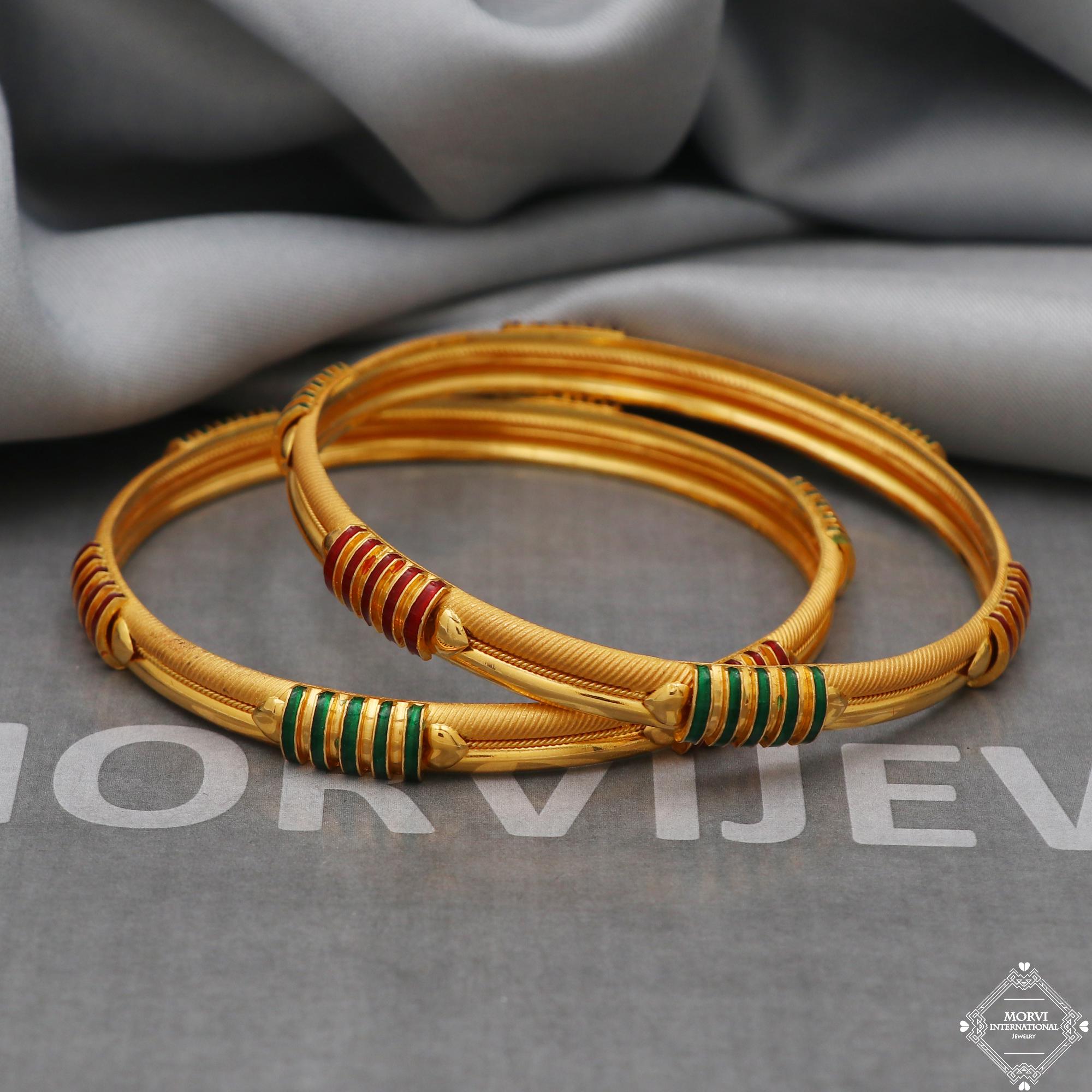 22k Solid Gold Traditional Indian Meenakari Bangle Pair, Red Green
