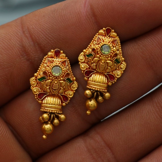 Indian Kundan hand Carved Gold plated Gemstone Stud Earrings – Indian  Designs