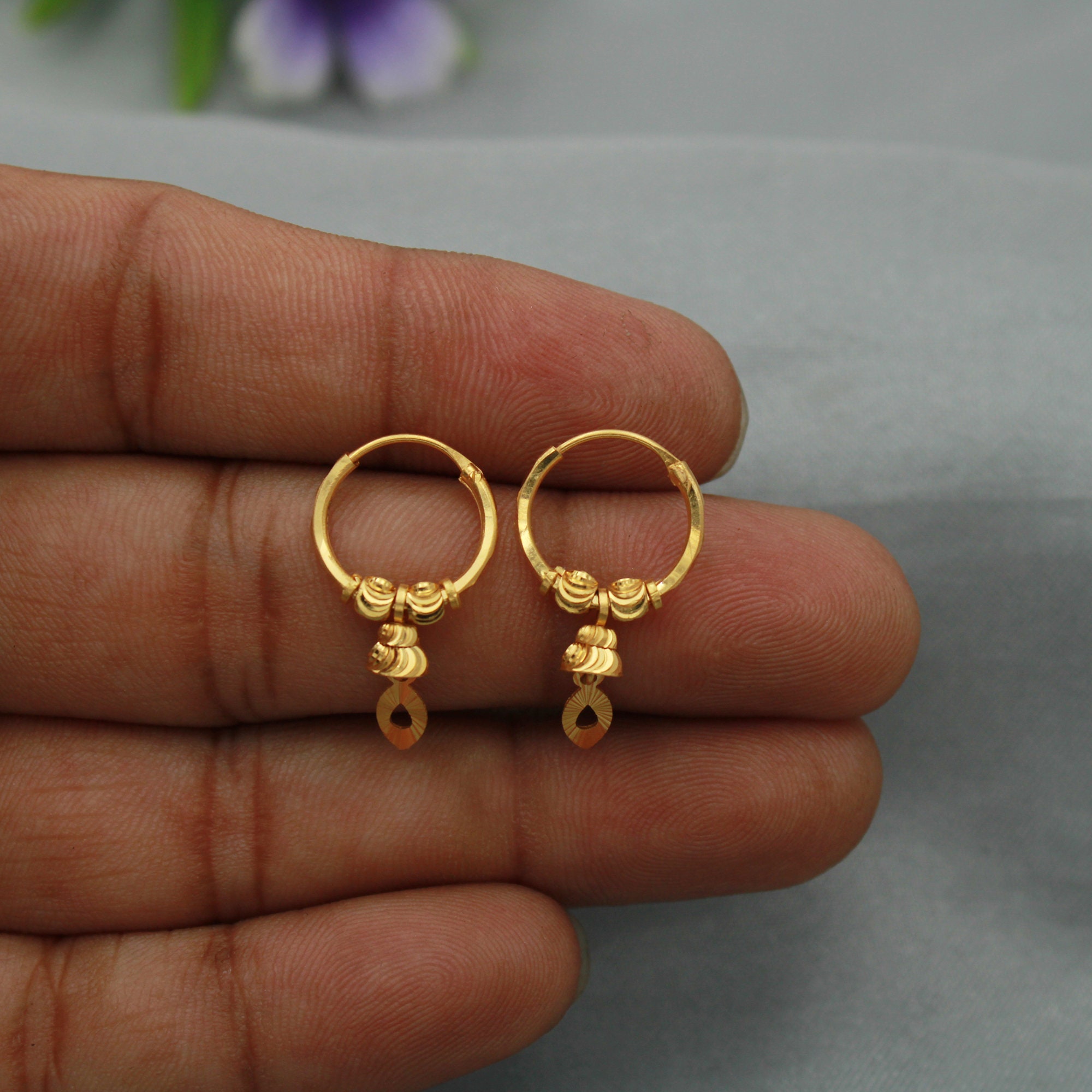 22k Yellow Gold Hoop Earring Bali Earrings huggies Hanging 