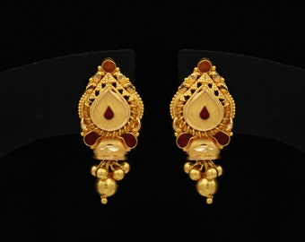 22k Gold Dangle Earrings , Handmade vintage traditional solid gold earrings Indian jewelry