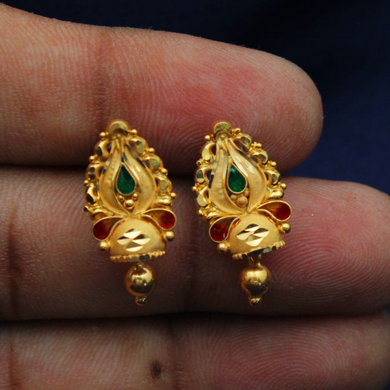 22k Yellow Gold Stud Earrings , Handmade Yellow Gold Earrings for Women,  Vintage Antique Design Indian Gold Earrings Jewelry, Gift for Women - Etsy  Finland