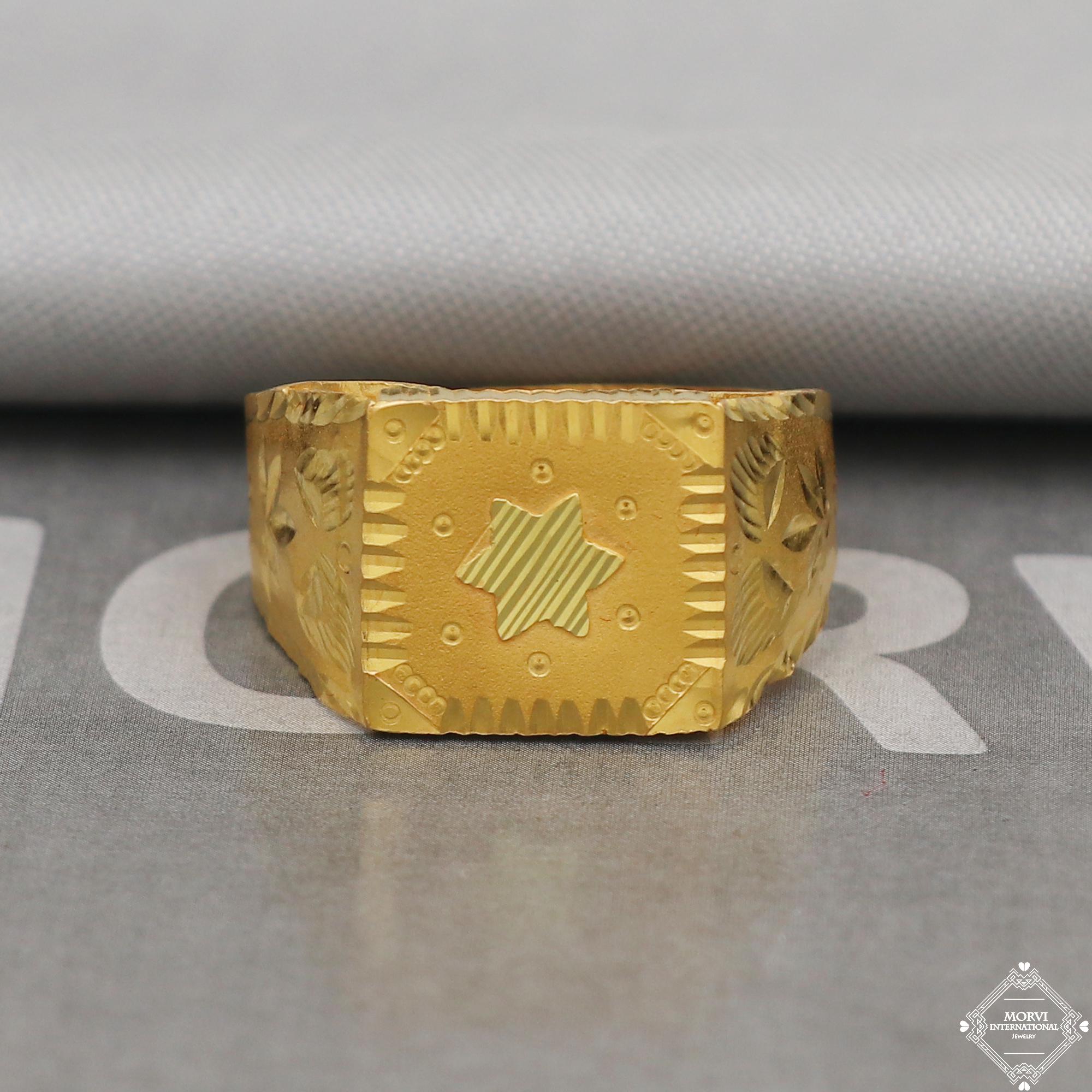 Signet Style Gold Ring, India Hand Made Star Carved Solid