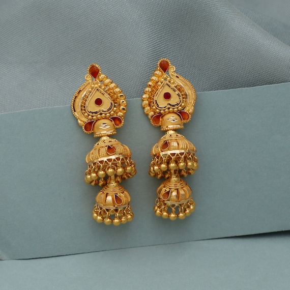 22k 22KT Gold Fine Dangle Jhumka Earrings Double Jhumka Style
