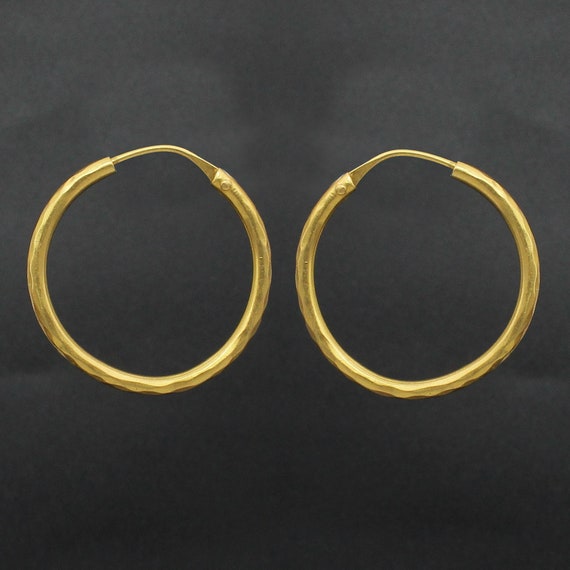 22k Yellow Gold Hoop Bali Earrings Handmade Big Yellow Gold