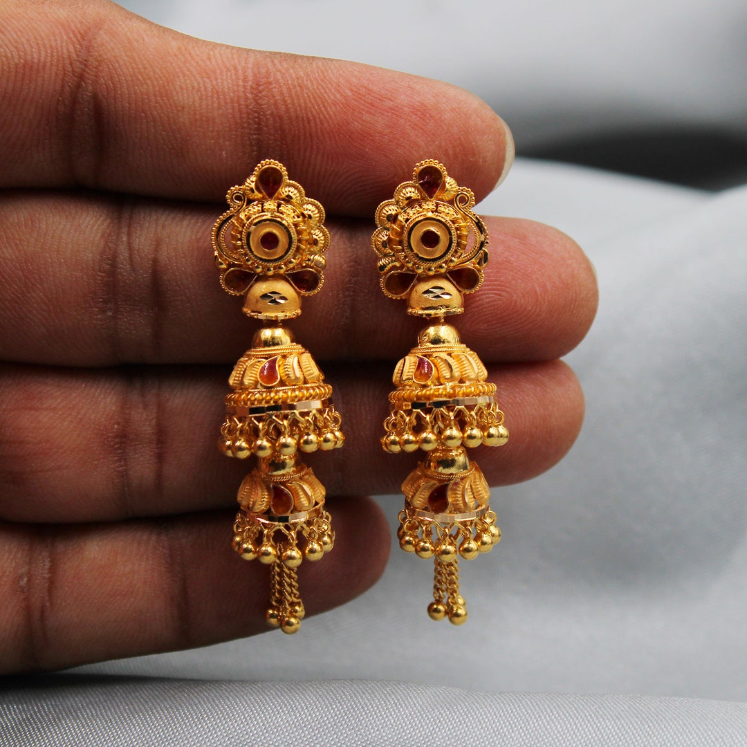22k Yellow Gold Jhumka Earrings , Handmade Vintage Pure