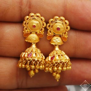 22k Yellow Gold Earrings Jhumka jewelry , handmade vintage Pure Traditional wedding indian style Dangle Jhumki Earrings Chandelier, K5243