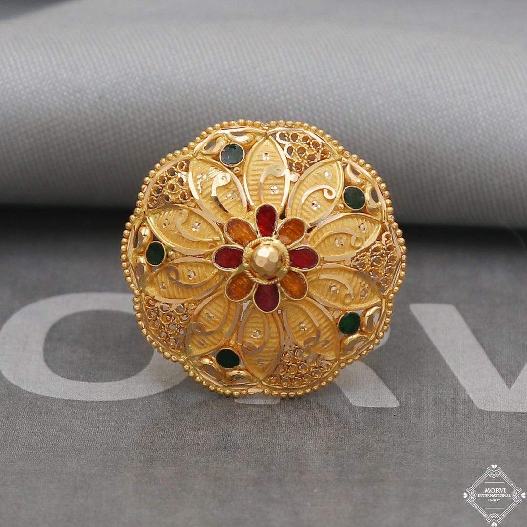 22k Yellow Gold Ring Round Jewelry, Handmade Indian Vintage
