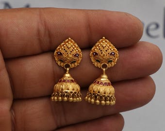 Pendientes de oro amarillo de 22k con cuentas jhumki colgantes, joyería hecha a mano estilo indio para bodas, pendientes tipo candelabro, K7301