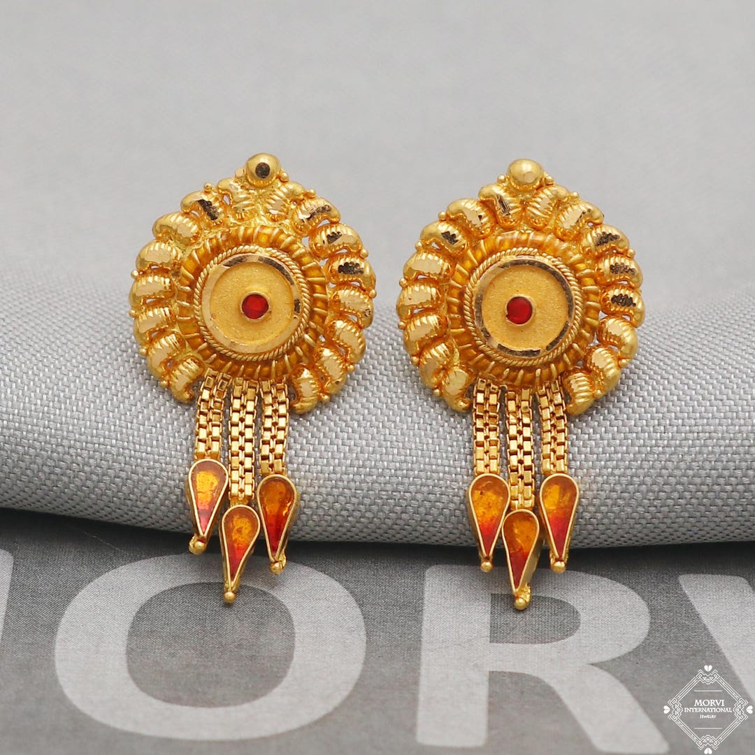 22k Yellow Gold Earrings Stud Dangle Style Indian Handmade Gold Earrings for Women Party Wear Ethnic Earrings for Gift K5193 Etsy